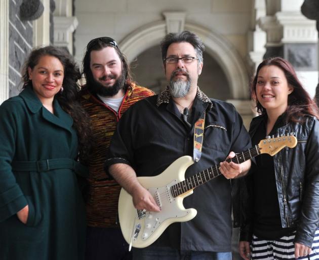 “The Stars are Gold 'n' Blues” organiser Kira Hundleby (left) with performers Wyeth Chalmers, Leo LaDell and Kylie Price. The concert at Dunedin Railway Station today will raise money for the Solomon Islands. Photo by Linda Robertson. 