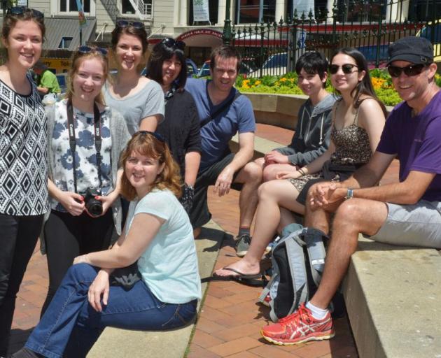 Enjoying the sun in the Octagon yesterday are Tanya McLeod (front) and (back row from left) Keely McLeod, Jesika McLeod, Tahlia McLeod, Heather Wishart, Brent Wishart, Ben Wishart, Sarah Wishart and Richard McLeod. Photo by Gerard O'Brien. Enjoying the sun in the Octagon yesterday are Tanya McLeod (front) and (back row from left) Keely McLeod, Jesika McLeod, Tahlia McLeod, Heather Wishart, Brent Wishart, Ben Wishart, Sarah Wishart and Richard McLeod. Photo by Gerard O'Brien.
