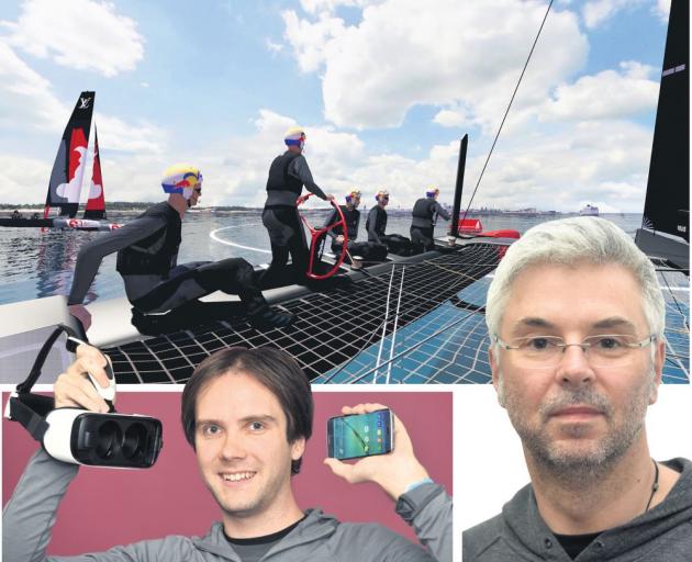 ARL technology and innovation manager John Rendall (above left) holds virtual reality goggles, powered by a Samsung phone, that could be used to showcase virtual reality technology in the 2017 America's Cup. ARL software developer Craig McNaughton. PHOTOS