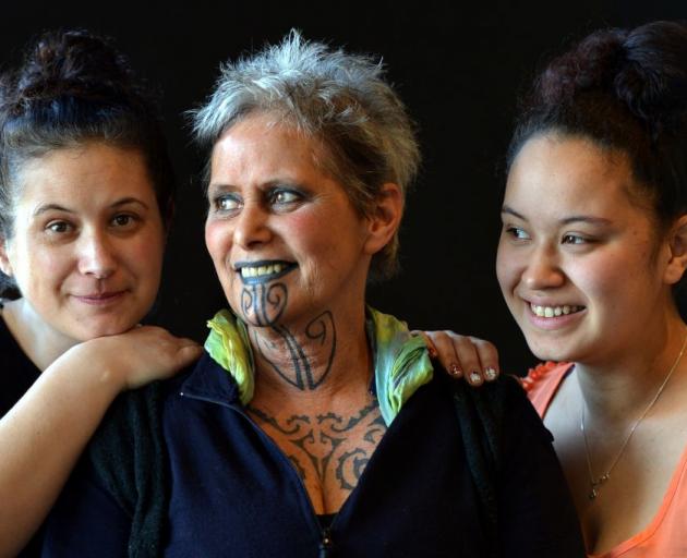 The organiser of a ta moko symposium to be held in Dunedin next month, Justine Camp (left), is joined by her mother, Khyla Russell, and daughter Takiwai Russell-Camp (18). Photo by Stephen Jaquiery. 