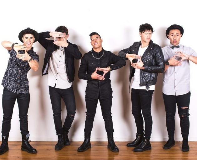 Boy band Moorhouse, comprising  (from left) Brock Ashby, Marley Wilcox-Nanai, Rameka Paraki, Rory McKenna and Jason Aileone, is headlining a Labour Weekend concert in Oamaru. Photo supplied.