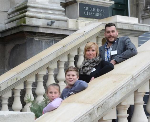 The Kaszala family (from left) Jazmin,  Valentin,  Andrea and Janos outside the Municipal Chambers in Dunedin yesterday. Photo by Linda Robertson