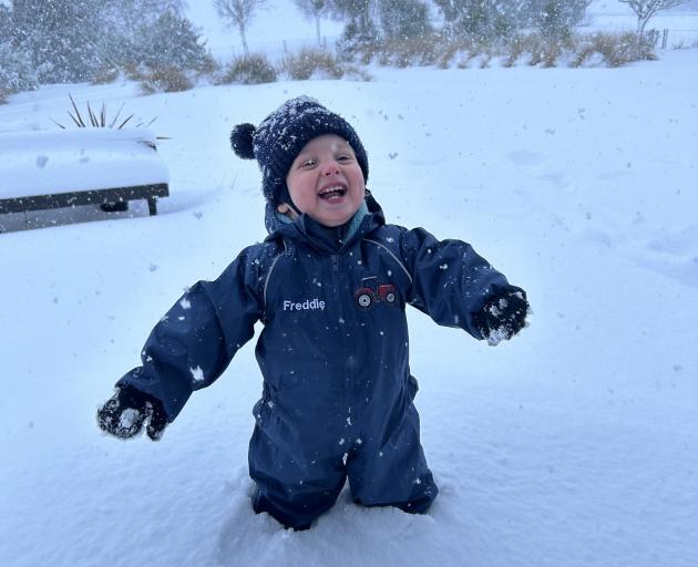 18 month old Freddie Young enjoys the snow at Kanuka Hill Farm, Tuapeka West. Photo: Supplied