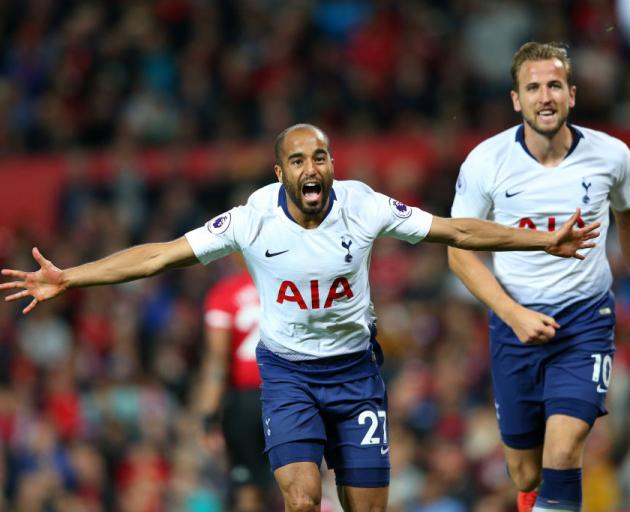 Lucas Moura celebrates after scoring Spurs' second goal with Harry Kane behind. Photo: Tottenham...