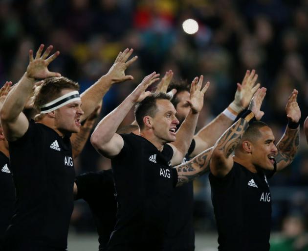 All Blacks Sam Cane (left), Ben Smith and Aaron Smith perform the haka at the test with South...