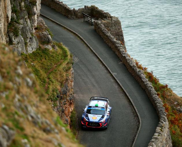 Kiwi Hayden Paddon and his British co-driver Seb Marshall negotiate a bend on the Great Orme...