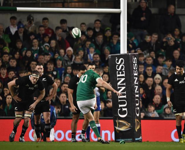 Ireland's Johnny Sexton converts a penalty against the All Blacks on Saturday. Photo: Getty Images 