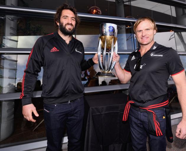 Crusaders captain Sam Whitelock (left) with coach Scott Robertson in Christchurch today. Photo:...