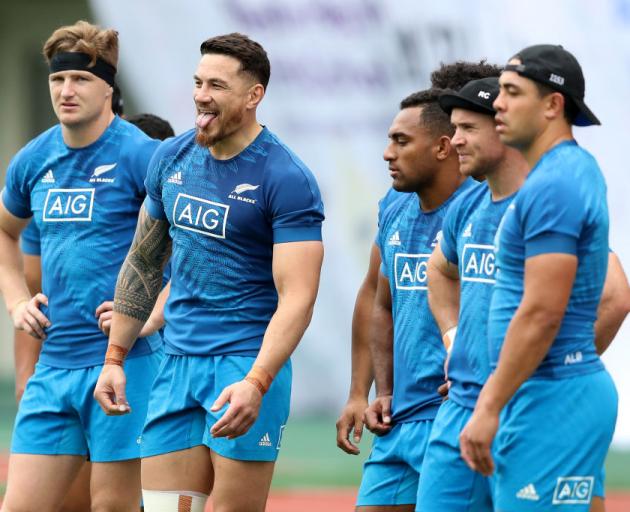 Sonny Bill Williams (second from left) at an All Blacks training session in Kashiwa on Friday....