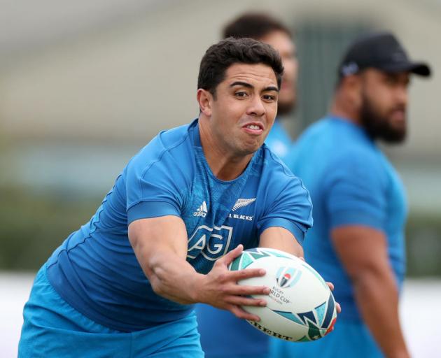 Anton Lienert-Brown  concentrates during a training session with the All Blacks in Tokyo in 
...