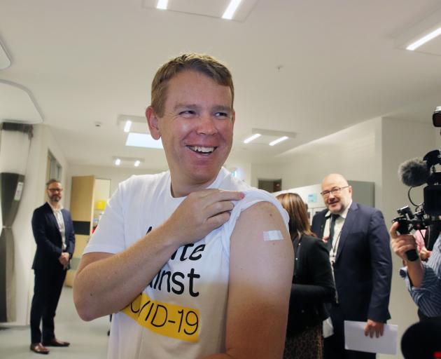 Covid Response Minister Chris Hipkins after his vaccine in March. Photo: Getty Images