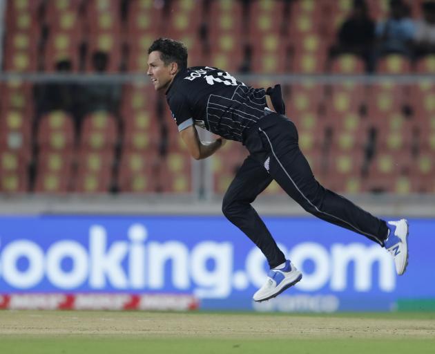 Black Caps paceman Trent Boult bowls against South Africa during their warm-up match in...