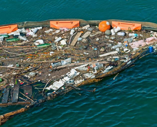 A containment barrier collects floating debris at the Pacific Ocean end of Ala 
...