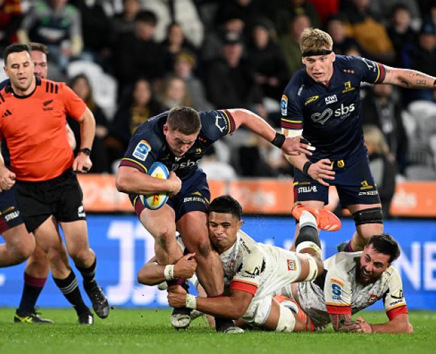 Highlanders co-captain Ethan de Groot charges forward. PHOTO: GETTY IMAGES 