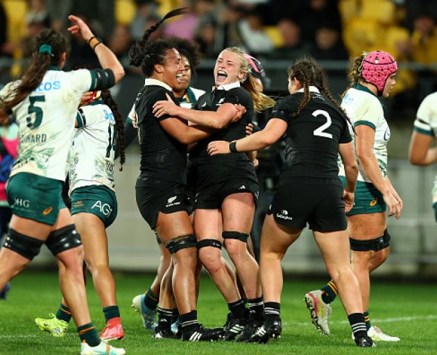 Jorja Miller celebrates after scoring a try against Australia. Photo: Getty Images