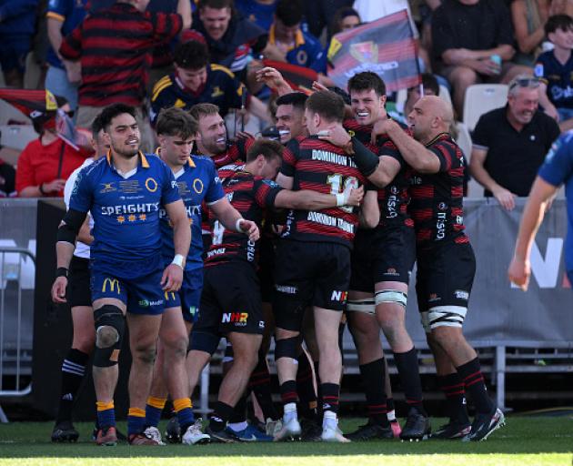 Manasa Mataele of Canterbury celebrates with his team after scoring a try during the NPC Final...