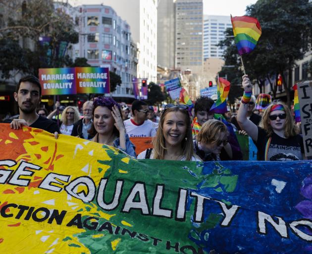 People march through the Sydney CBD at a pro-gay marriage rally earlier this month. Photo: Getty Images 