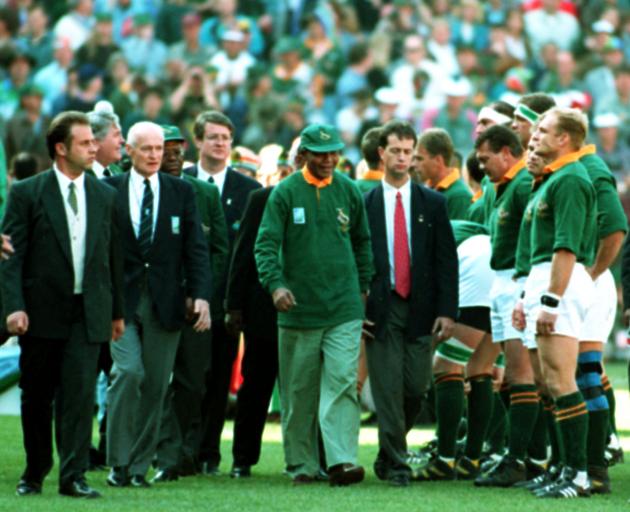 Nelson Mandela meets the players ahead of the infamous 1995 Rugby World Cup final in Johannesburg...