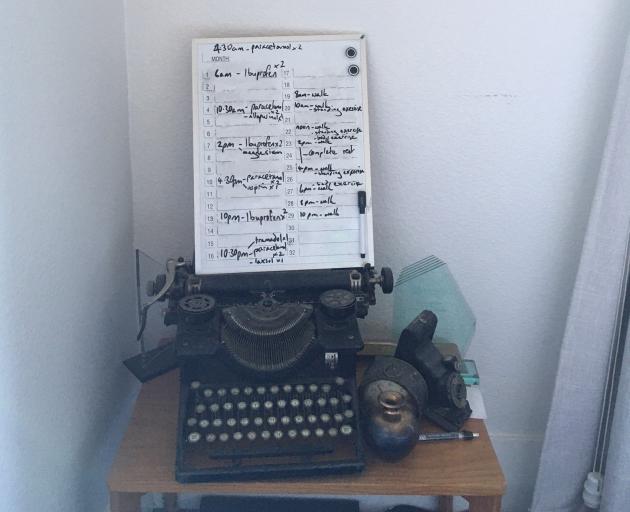 Once home, a whiteboard helped keep track of the the 24 hour, post-operative, pill and exercise...