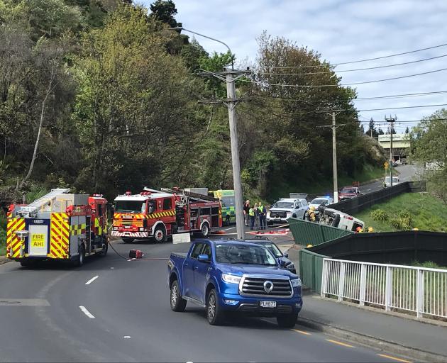 Emergency services at the scene of the crash in Stone St. Photo: Oscar Francis
