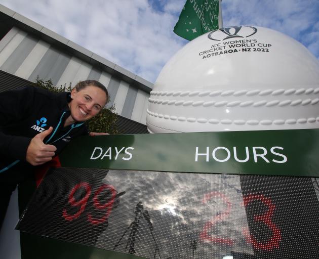 White Ferns vice-captain Amy Satterthwaite next to the 100-day Women's Cricket World Cup...