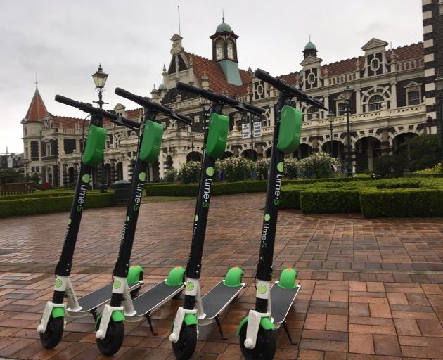 Lime Scooters parked in front of the Dunedin Railway Station on Thursday morning. Photo: ODT