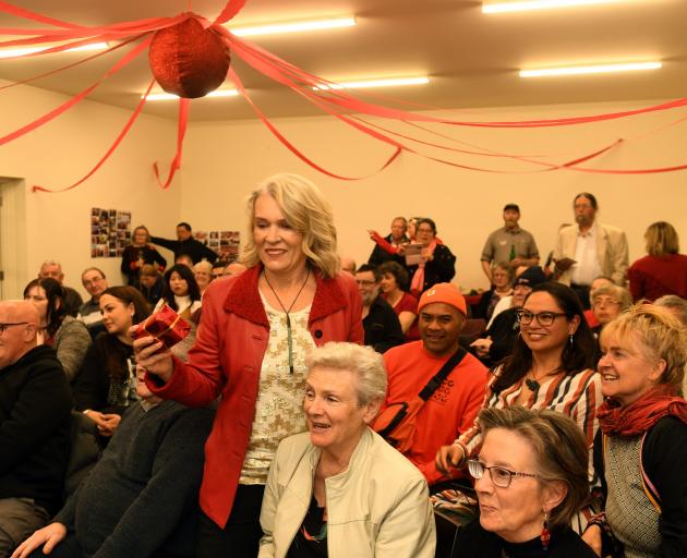 Ingrid Leary is surrounded by her supporters in the newly formed electorate of Taieri tonight....