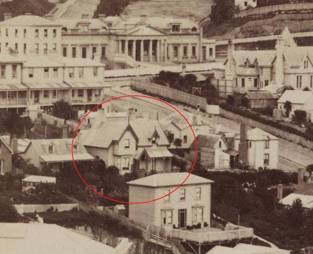 The house (circled) on its original site near the top of View St in 1874. The classical structure...