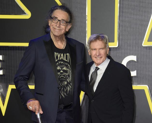 Peter Mayhew (left) and Harrison Ford at the premiere of Star Wars: The Force Awakens in 2015....
