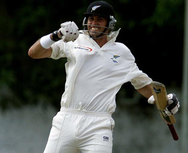 Stephen Fleming celebrates his double century against Sri Lanka in Colombo in April 26. PHOTO:...
