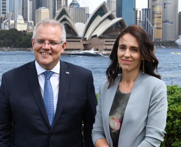 Scott Morrison  and Jacinda Ardern in February. Photo: Getty Images 