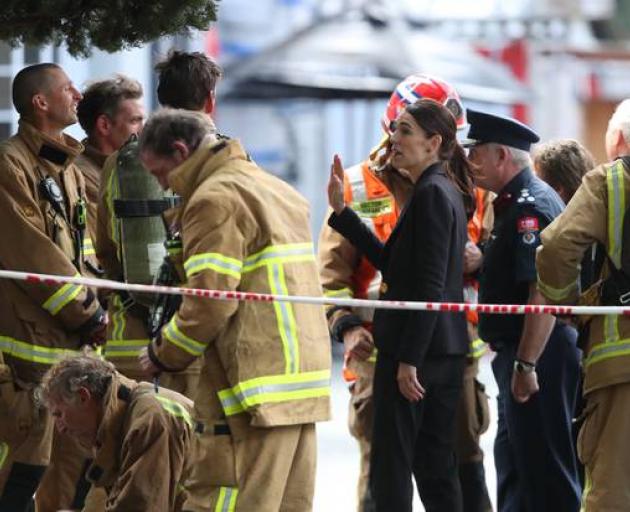 Prime Minister Jacinda Ardern met with fire crews at the SkyCity site this afternoon. Photo: NZ...