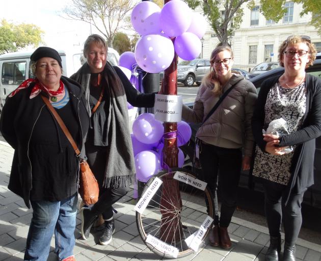 Current and former Oamaru midwives Lisa Preston, Anna Saunders, Laura Denley and Jude Perniskie protest outside the office of National MP for Waitaki Jacqui Dean. Photo: Daniel Birchfield Current and former Oamaru midwives Lisa Preston, Anna Saunders, Laura Denley and Jude Perniskie protest outside the office of National MP for Waitaki Jacqui Dean. Photo: Daniel Birchfield