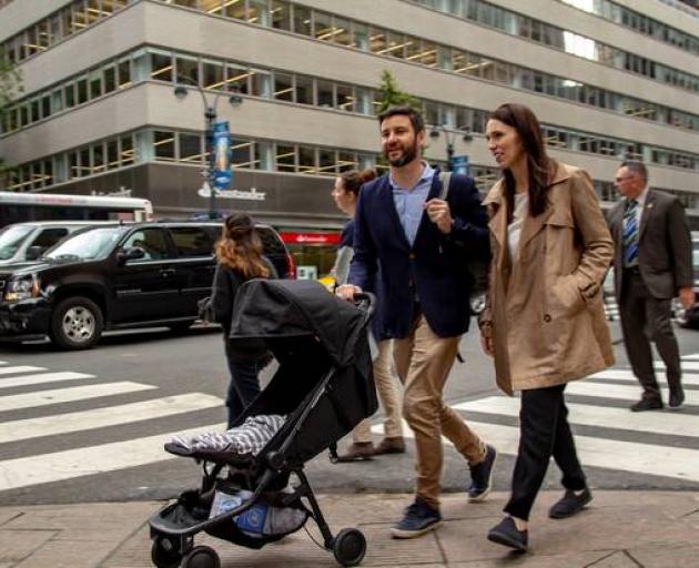 Jacinda Ardern in New York with Clarke Gayford and baby Neve in a photo issued by her office today. 