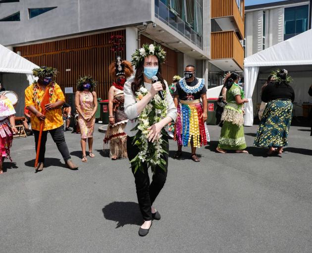 Jacinda Ardern visits the Pacific youth lead vaccination event at Fale o Samoa in Mangere. Photo:...