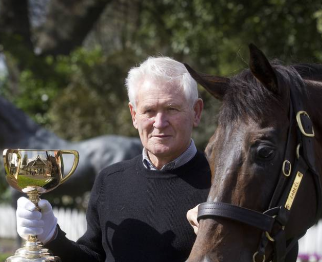 Sir Patrick Hogan with the 2013 Melbourne Cup and stallion Zabeel at Cambridge Stud. Photo: NZ Herald