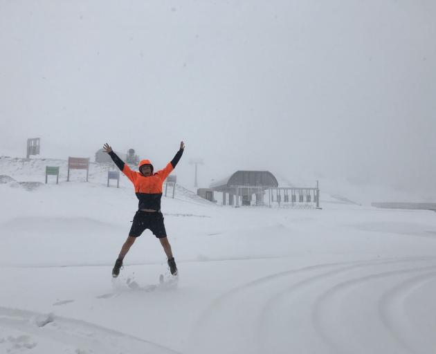 Cardrona staffer Kay Gall decided despite the snow it was still a shorts day. Photo: supplied 