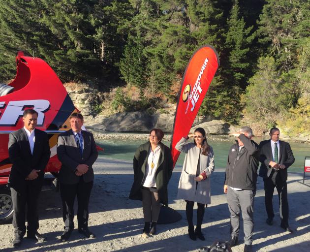 Prime Minister Jacinda Ardern (third from right) at Shotover Jet this morning. Photo: Gregor...