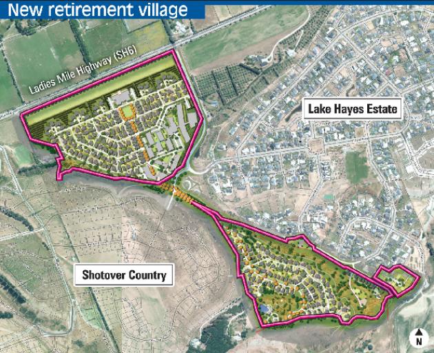 The proposed Queenstown Country Club, between Shotover Country, to the bottom of the image, and Lake Hayes Estate. Image: supplied 