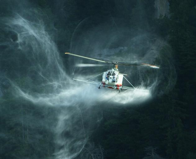 A helicopter flying in the vortex ring state, suspected to be the cause of a 2014 helicopter crash at Mt Alta which killed Auckland businessman Jerome Box (52). Photo: www.valair.ch / aerialstage.com