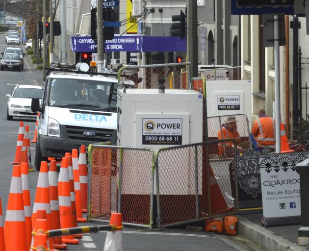 Aurora Energy brought in these generators on St Andrew St after a fault cut power to the area. Photo: Gerard O'Brien