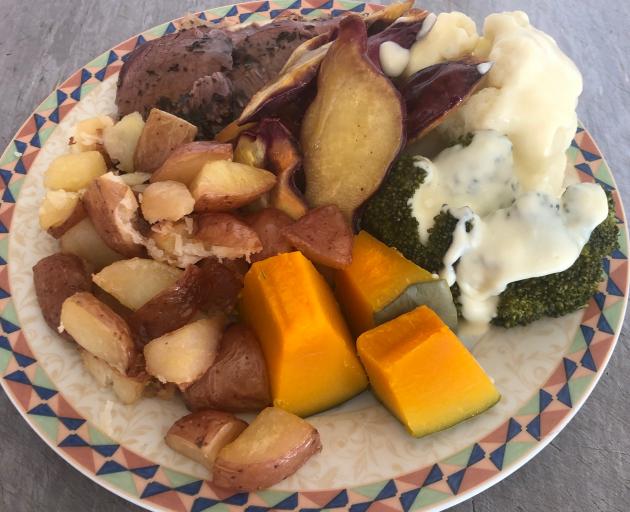 One of Jude Gamble’s evening meals included roast lamb, with mint sauce and gravy, roast pumpkin, kumara and potatoes, broccoli and cauliflower with cheese sauce, and potato bake. PHOTO: JUDE GAMBLE One of Jude Gamble’s evening meals included roast lamb, with mint sauce and gravy, roast pumpkin, kumara and potatoes, broccoli and cauliflower with cheese sauce, and potato bake. PHOTO: JUDE GAMBLE