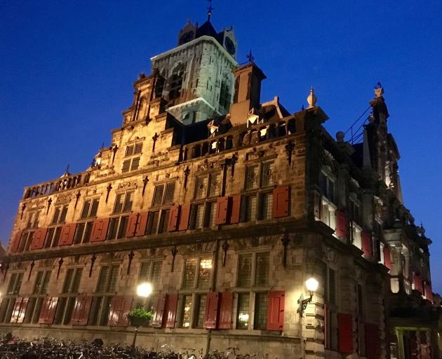 The beautiful Stadhuis van Delft, city hall, by night. 