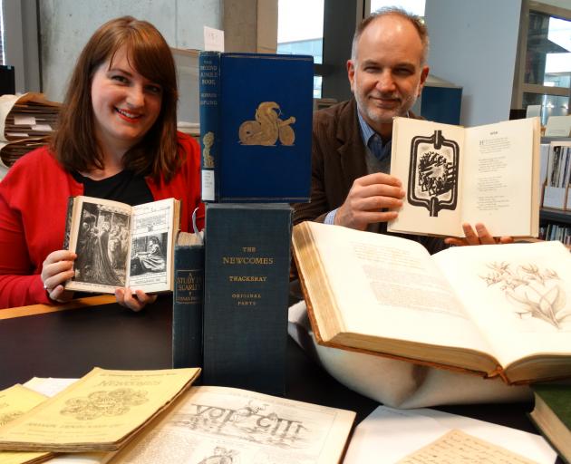 Co-curators Dr Ruth Knezevich and Dr Thomas McLean display some of the first editions which will feature in the upcoming University of Otago exhibition. PHOTO: JOSHUA RIDDIFORD