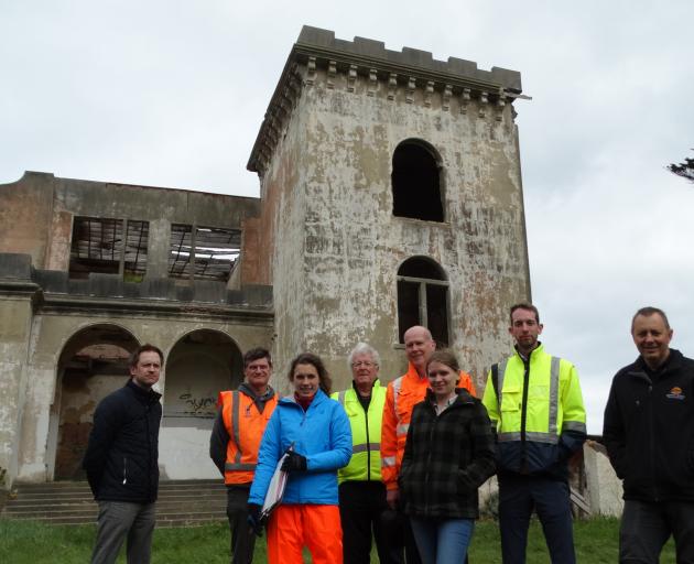 From left: trustee of Cargill’s Castle Trust Cameron Olsen, University of Otago School of Surveying professional practice fellow Richard Hemi, Origin Consultants architect Kirsten Gibbs, structural engineer Lou Robinson, Origin Consultants director and bu From left: trustee of Cargill’s Castle Trust Cameron Olsen, University of Otago School of Surveying professional practice fellow Richard Hemi, Origin Consultants architect Kirsten Gibbs, structural engineer Lou Robinson, Origin Consultants director and bu
