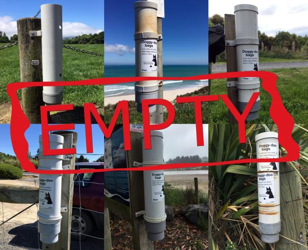 Empty ‘‘doggy-doo’’ bag dispensers across Dunedin last weekend (clockwise from top left) Jubilee...