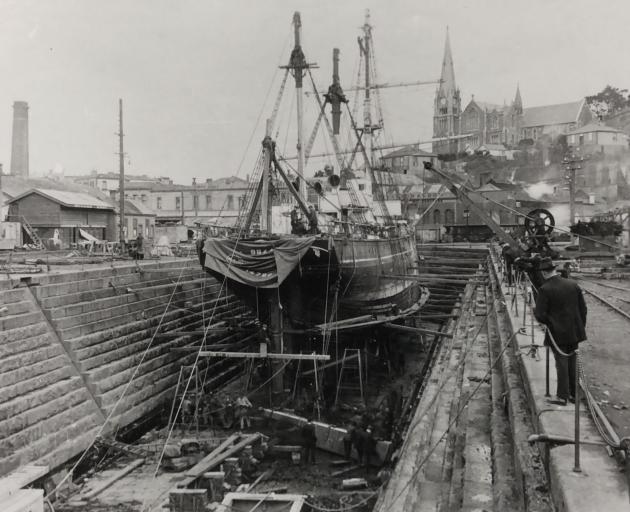 The Antarctic exploration vessel Aurora in dry dock in Port Chalmers, 1916. IMAGE: SUPPLIED