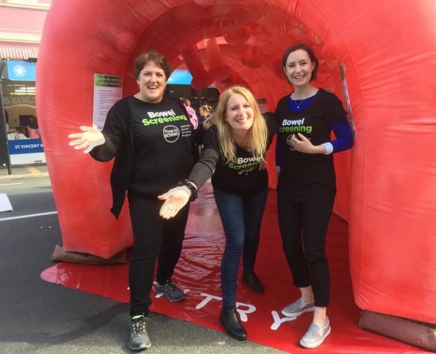 Southern DHB National Bowel Screening Programme team members with the giant inflatable bowel at...