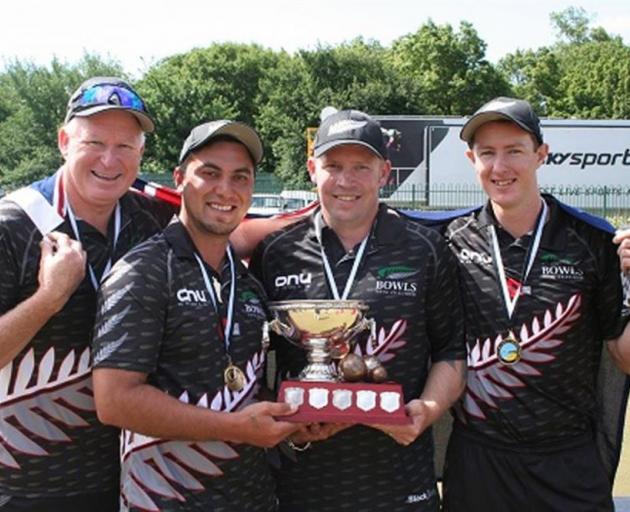 The New Zealand team of (from left) Paul Girdler (skip), Shannon McIlroy, Mike Nagy and Andrew Kelly that won the fours title at the Asia and Pacific championships in Christchurch. PHOTO: BOWLS NZ