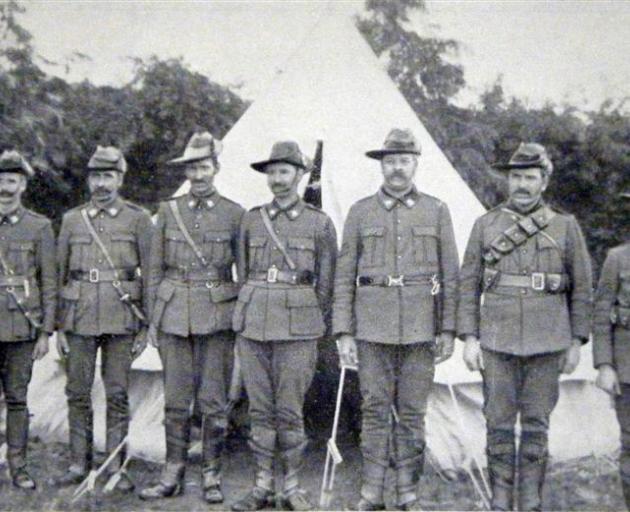 Original members of the Tuapeka Mounted Rifles remaining in the squadron in 1909. - From left:...